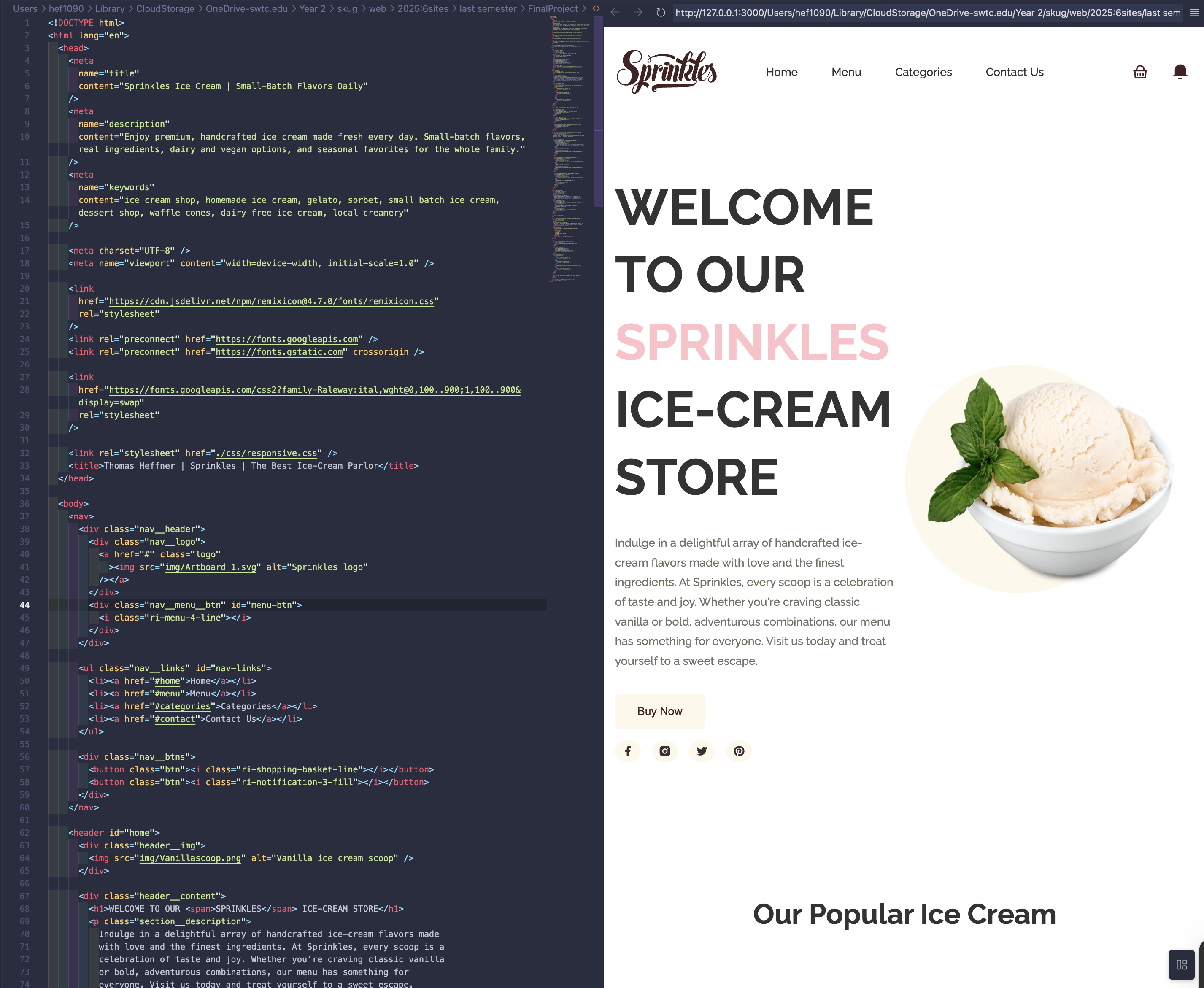 Side by side view of code and website.